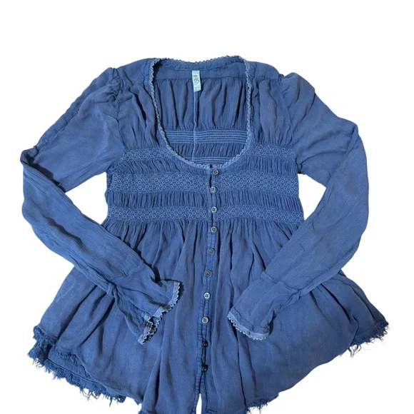 Free People Indigo Smocked Button-Front Peasant Blouse - Picture 2 of 7